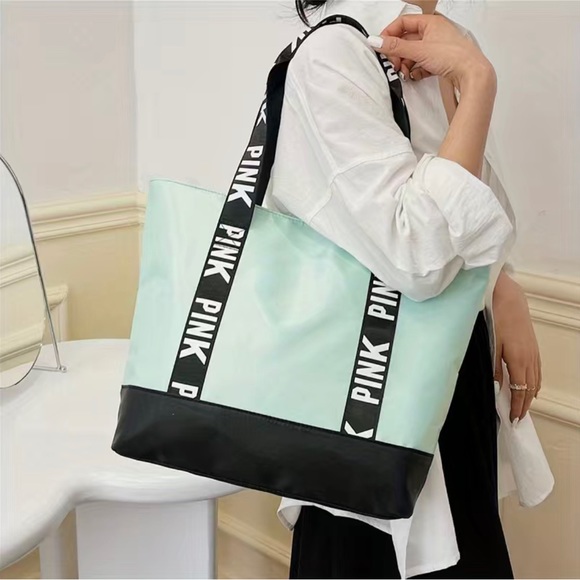 Pink by Victoria’s Secret, letter graphic tote bag, mint green & black, NWOT - Picture 3 of 12